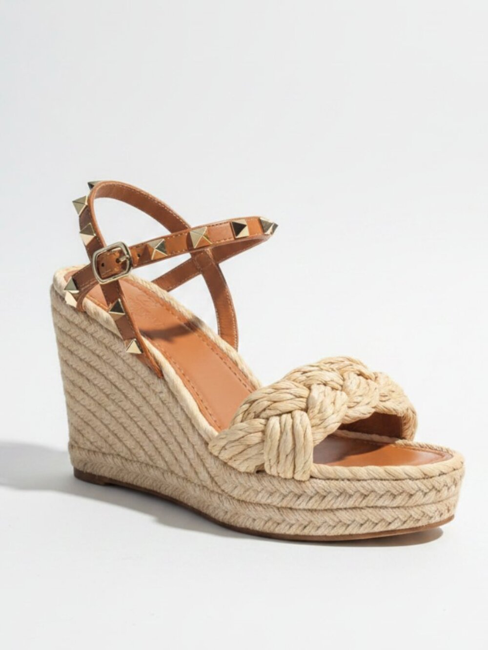Valentino Garavani Rockstud Braided Leather Espadrille Wedges Size 37 - Picture 2 of 4